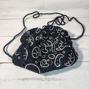 Letty Black Lace Sequin Drawstring Evening Bag Purse‎ Made in USA